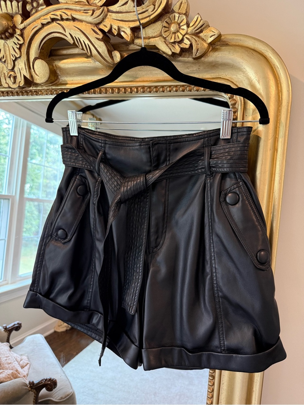 Blank NYC Black High-Waist Faux Leather Paperbag Shorts with Tie